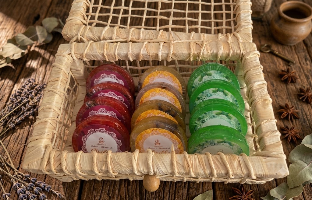 Cesto artesanal com sabonetes coloridos da Arommar